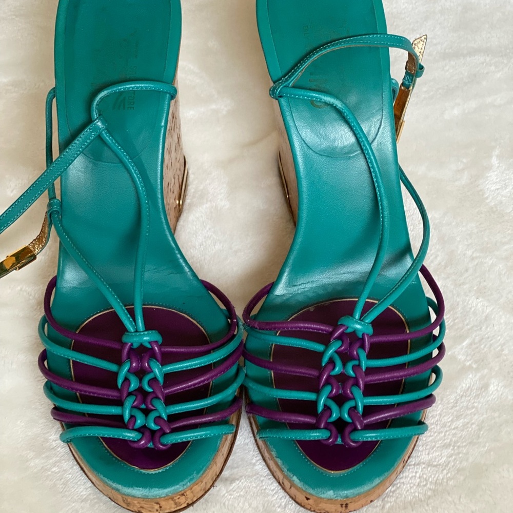 Salvatore Ferragamo Teal and Purple Platform Sandals